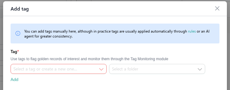 Add tag dialog with a Tag field to select or create a tag, an optional folder selector, and an Add link